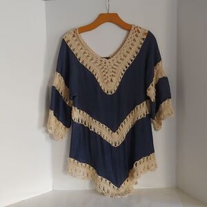 Vivid Importers of NY Women's Open Knit Boho Tunic Blue and Cream M